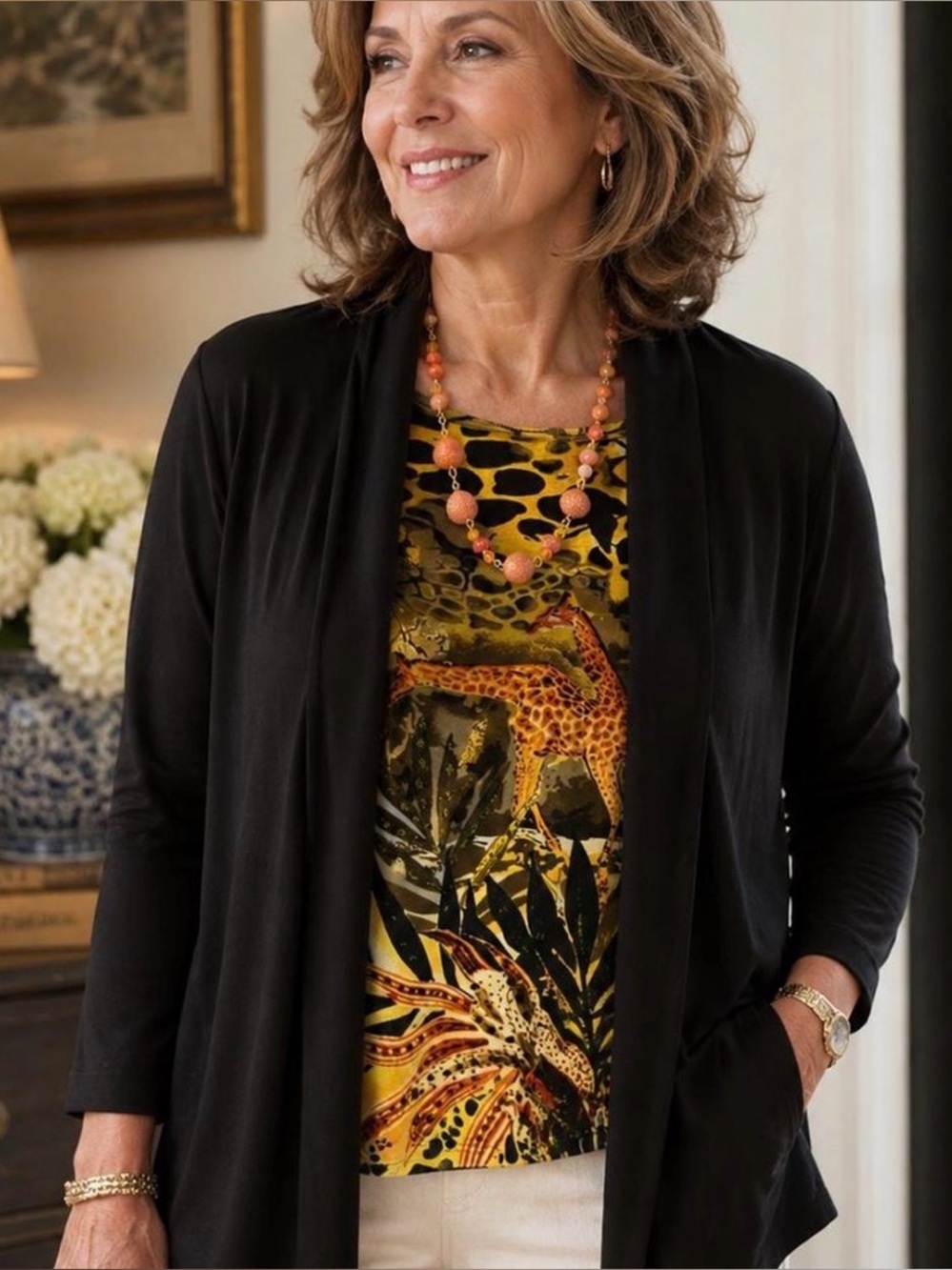 Dana Buchman Black Open-Front Cardigan with Yellow Animal-Print Top